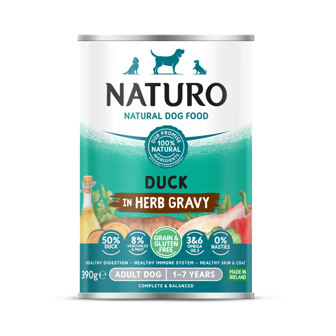 Naturo Adult Dog Grain and Gluten Free Duck in Herb Gravy 390g can, front of pack