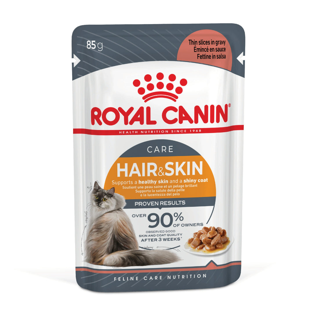 Royal Canin Hair and Skin Care in Gravy 85g pouch, front of pack