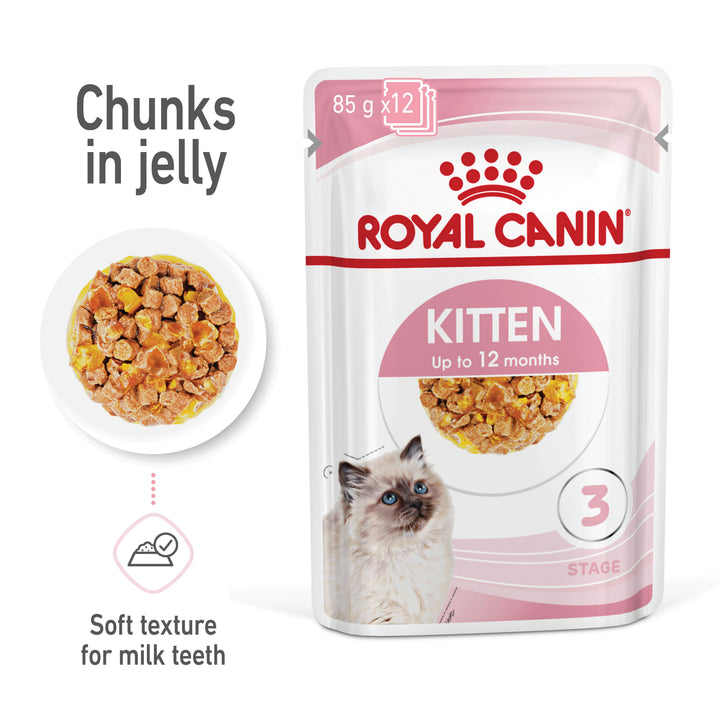 Royal Canin Kitten chunks in jelly 85g pouch, soft texture for milk teeth