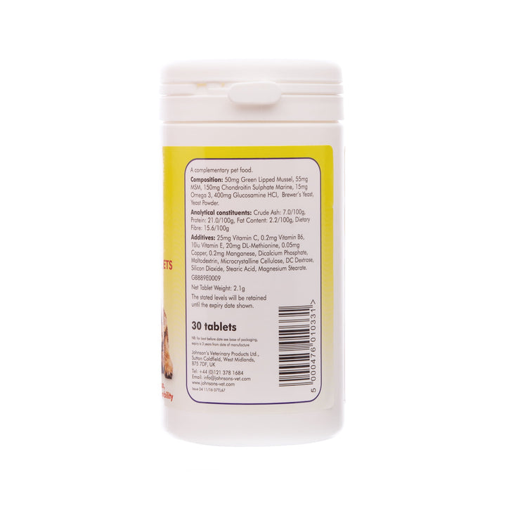 Johnson's 4joints Extra Strength Tablets, label side showing composition, analytical constituents and additives