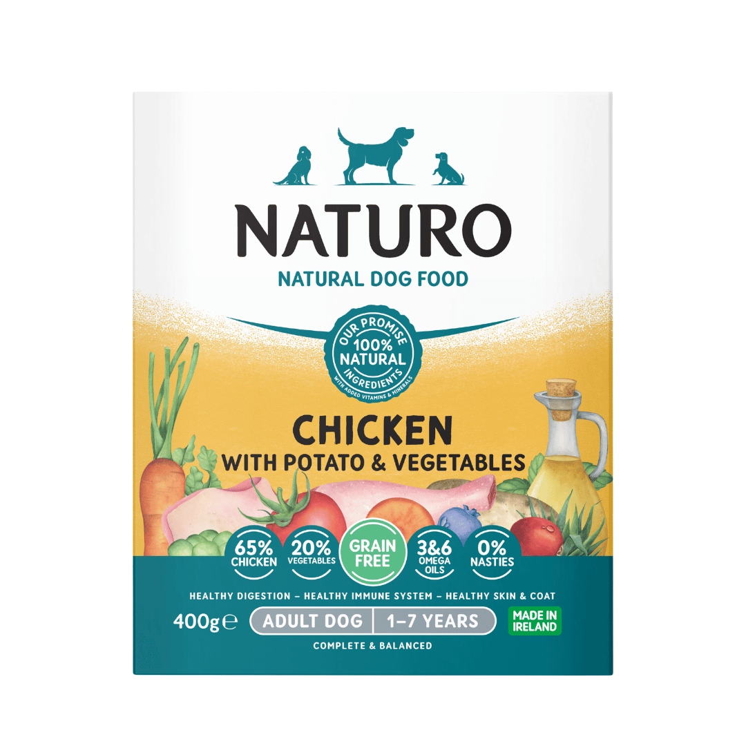 Naturo Grain Free Adult Dog Chicken with Potato and Vegetables 400g tray, front of pack