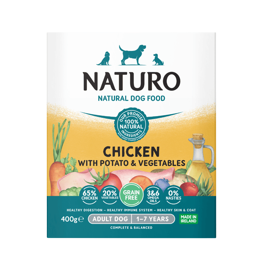 Naturo Adult Dog Grain Free Chicken with Potato and Vegetables 400g tray, front of pack