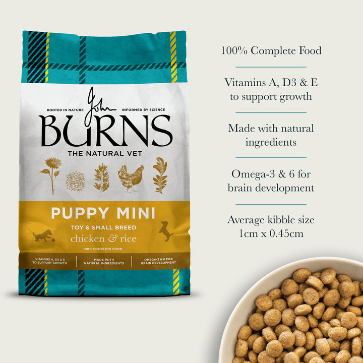 Burns Puppy Mini benefits: complete food, vitamins A, D3 and E, natural ingredients, omega 3 and 6, small kibble