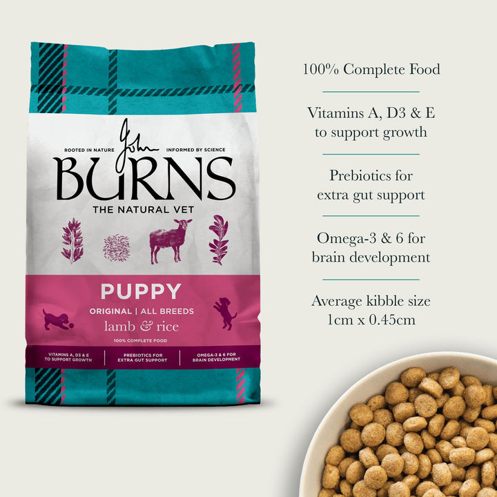 Burns Puppy Original Lamb & Rice key benefits: complete food, vitamins A, D3 and E, prebiotics, omega 3 and 6, kibble size
