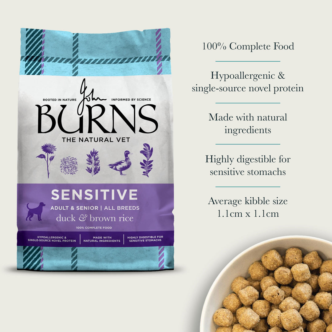 Burns Sensitive Duck & Brown Rice: hypoallergenic, single source novel protein, kibble 1.1cm