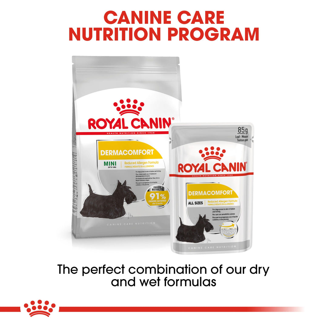 Royal Canin Mini Dermacomfort dry food and wet pouch: canine care nutrition programme