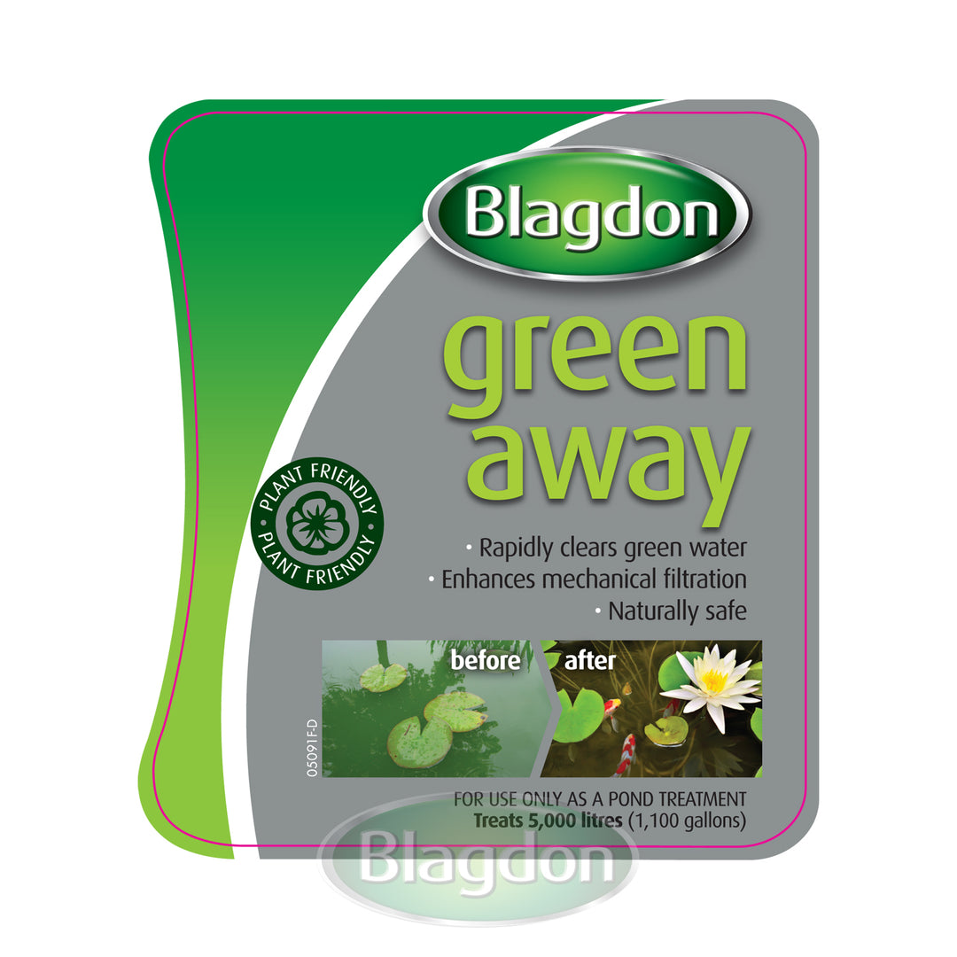 Blagdon Green Away 250ml label: rapidly clears green water, enhances mechanical filtration, treats 5,000 litres