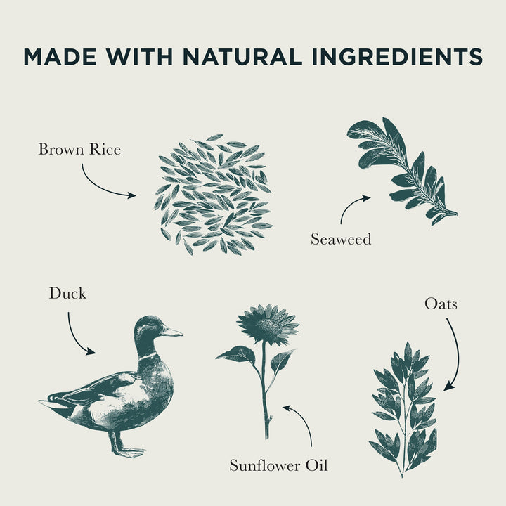 Burns Sensitive Duck & Brown Rice natural ingredients: brown rice, duck, oats, seaweed, sunflower oil