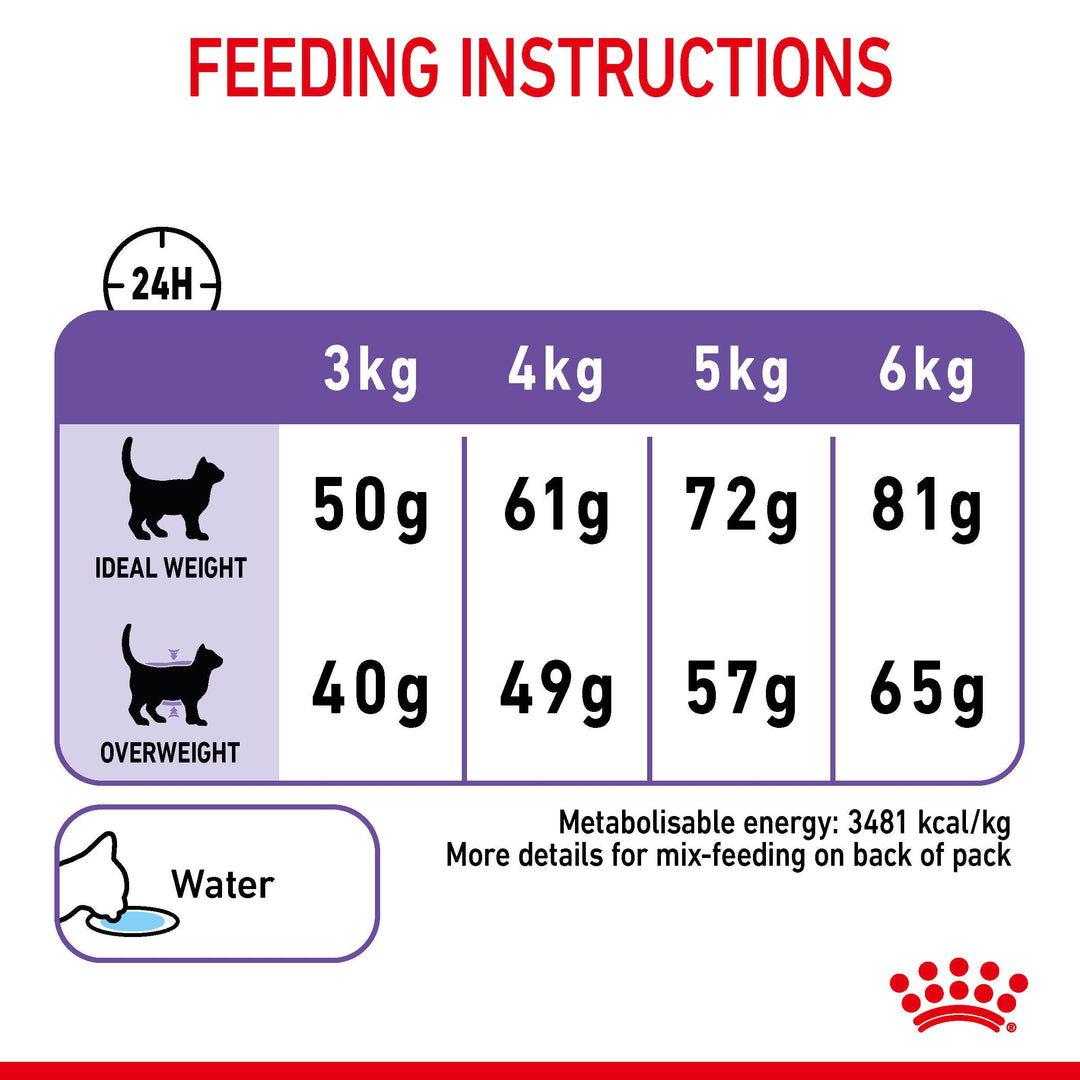Royal Canin Appetite Control Care daily feeding instructions for cats 3kg to 6kg