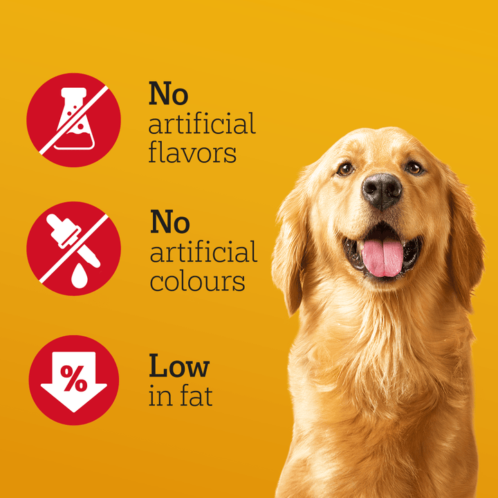 Pedigree Jumbone: no artificial flavours, no artificial colours, low in fat