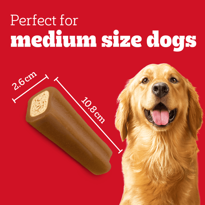 Pedigree Jumbone Medium chew, 10.8cm by 2.6cm, perfect for medium size dogs