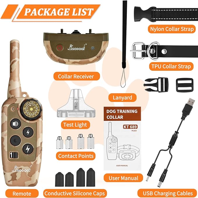 PawGuard T689 what's in the box: remote, collar receiver, nylon and TPU straps, test light, contact points, USB cable and manual