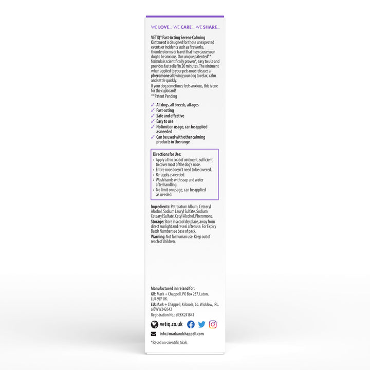 VetIQ Serene Calming Ointment 50g box, back of pack with directions and ingredients
