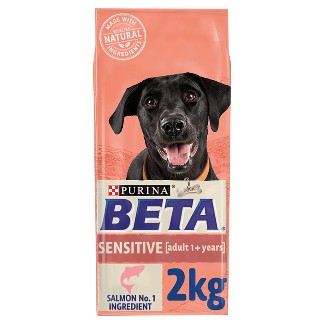 Purina Beta Sensitive Adult 1+ years with Salmon dry dog food 2kg bag, front of pack