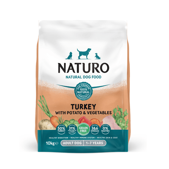 Naturo Grain Free Turkey with Potato and Vegetables adult dry dog food 10kg, front of pack