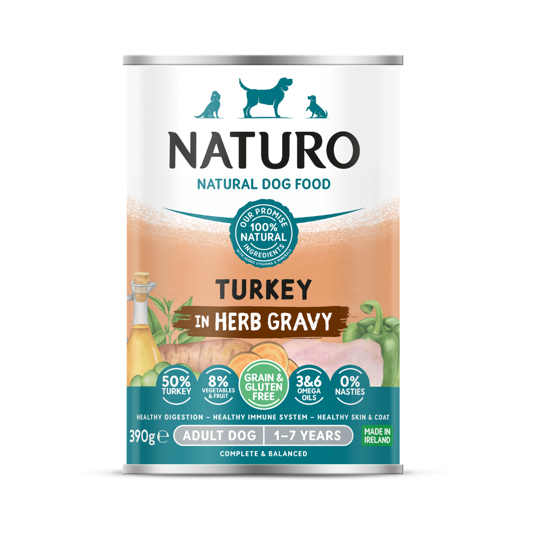 Naturo Adult Dog Turkey in Herb Gravy 390g can, front