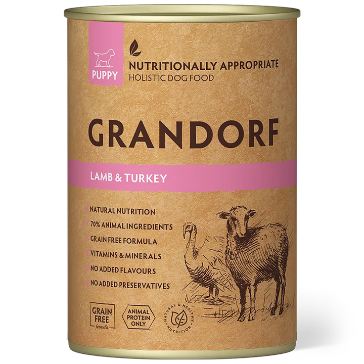 Grandorf Lamb and Turkey wet food for puppies, tin
