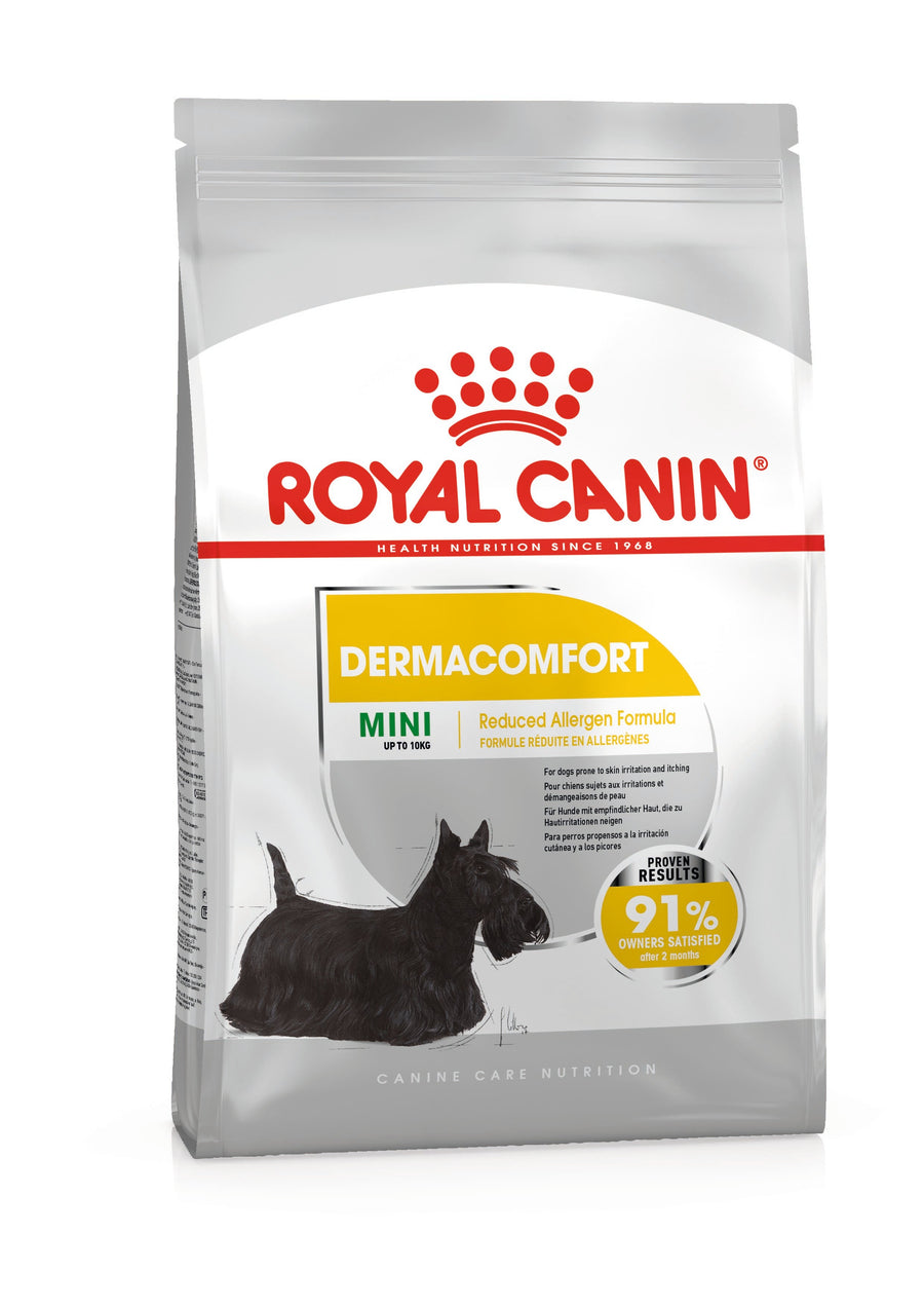 Royal Canin Mini Dermacomfort dry dog food bag, front of pack