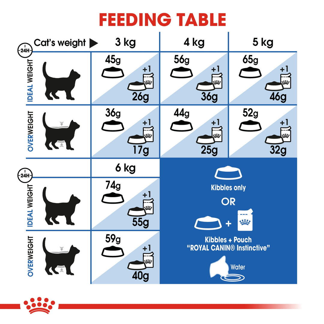 Royal Canin Indoor 27 feeding table for cats from 3kg to 6kg, dry only or mixed with a pouch
