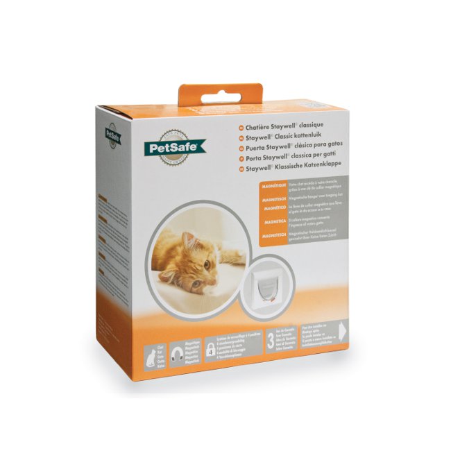PetSafe Staywell Classic Magnetic Cat Flap retail box with white flap and cat photo