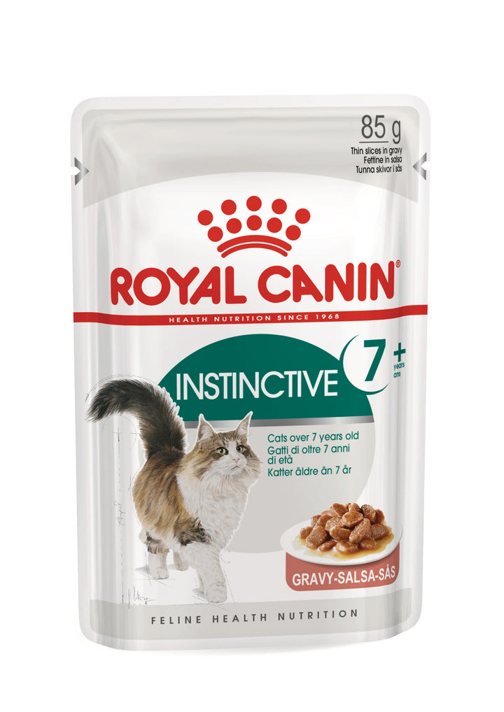 Royal Canin Instinctive 7+ chunks in gravy 85g wet cat food pouch, front