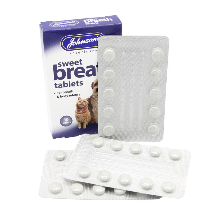 Johnson's Sweet Breath Tablets box with blister strips of 30 tablets
