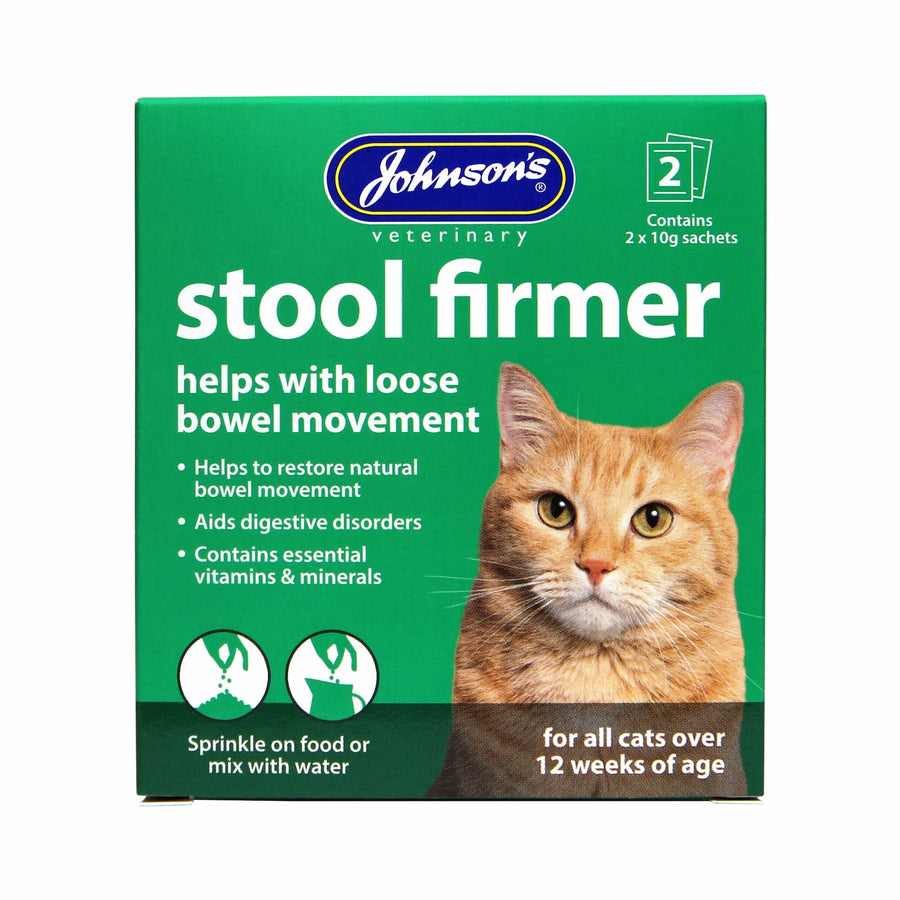 Johnson's Stool Firmer for Cats, front of box, 2 x 10g sachets