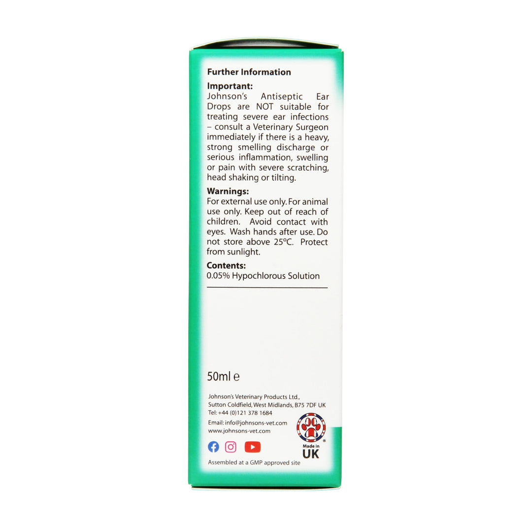 Johnson's Antiseptic Ear Drops 50ml box side: important information, warnings and contents