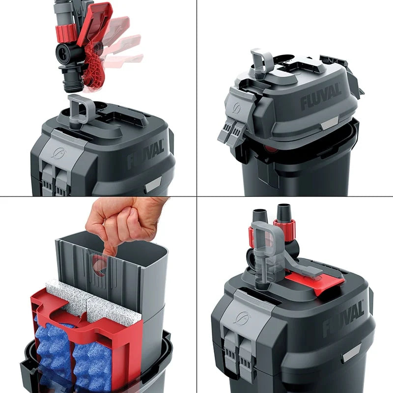 Fluval 07 Series filter features: AquaStop valve, Lift Lock clamps, EZ Lift media baskets and primer