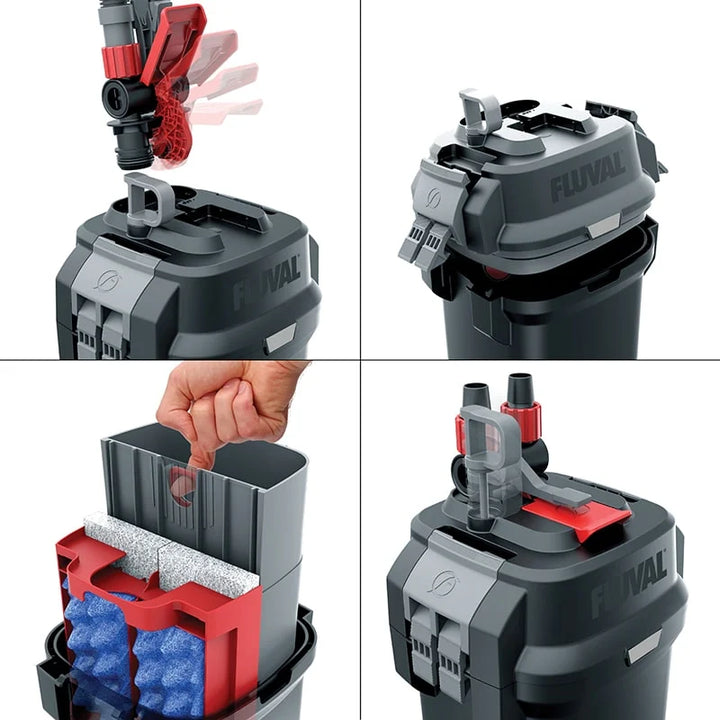 Fluval 07 Series filter features: AquaStop valve, Lift Lock clamps, EZ Lift media baskets and primer