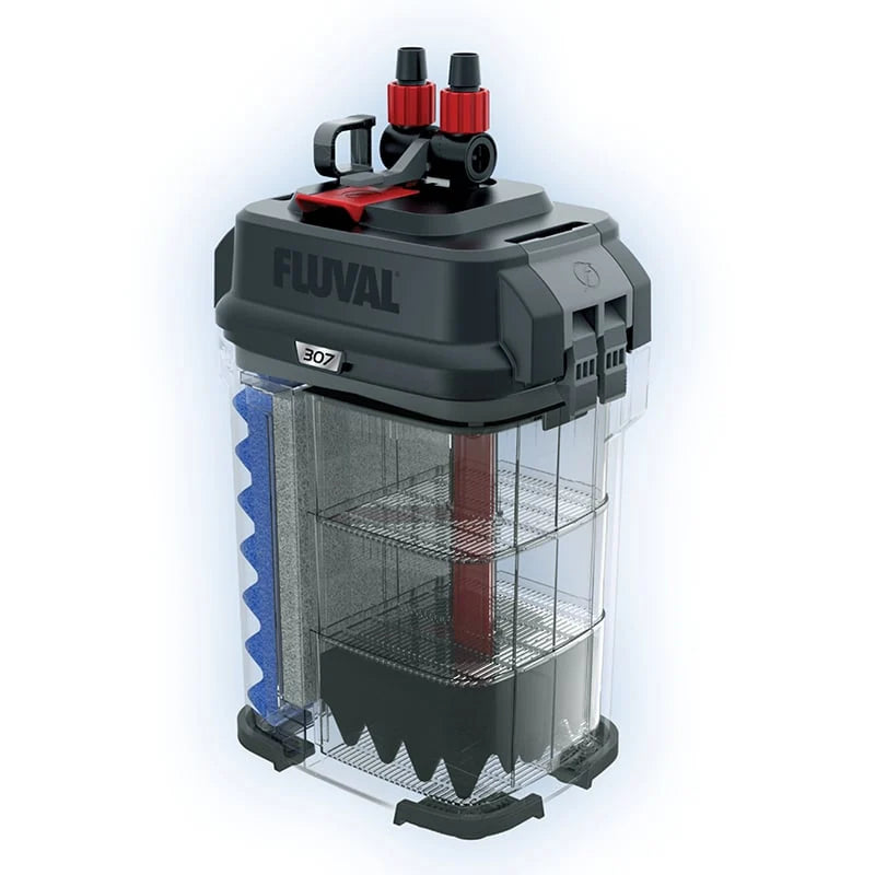 Fluval 307 canister filter cutaway showing media baskets and vertical pre filter