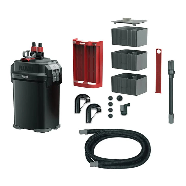 Fluval 307 external filter contents: canister, media baskets, hosing and fittings
