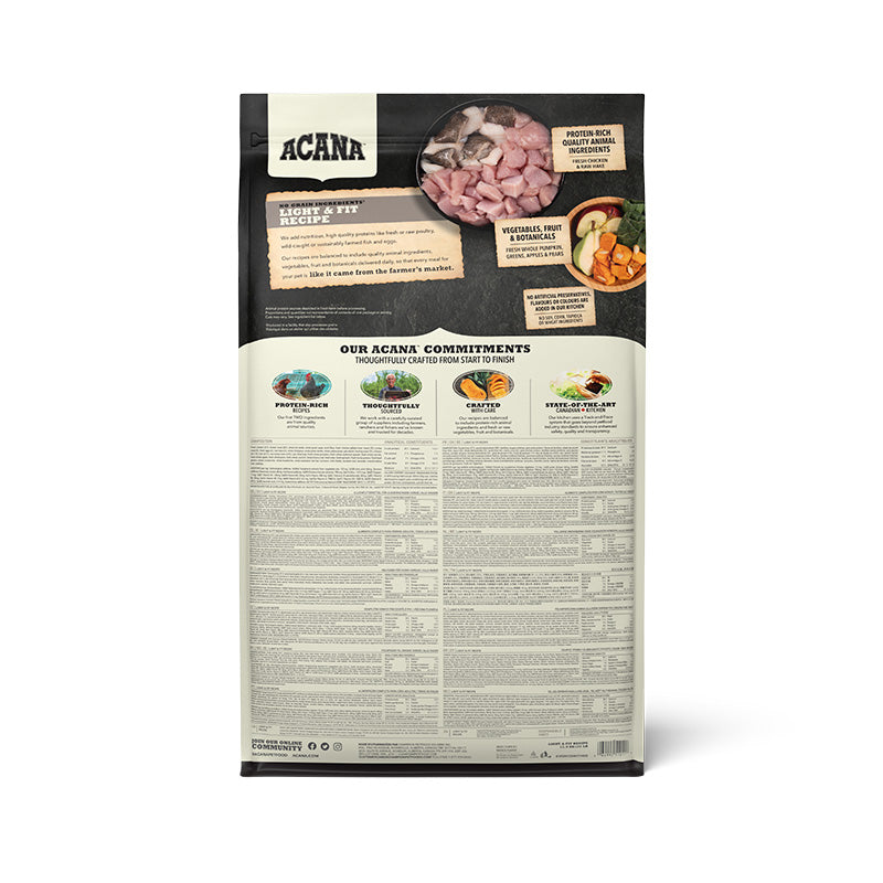 Acana Light & Fit Recipe dog food bag, back of pack with ingredients and Acana commitments
