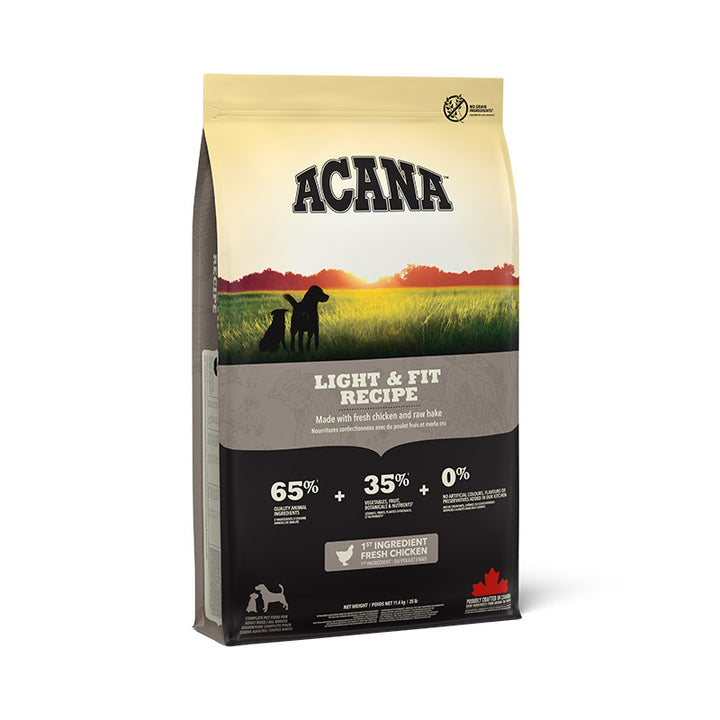 Acana Light & Fit Recipe adult dry dog food bag, current pack design, front