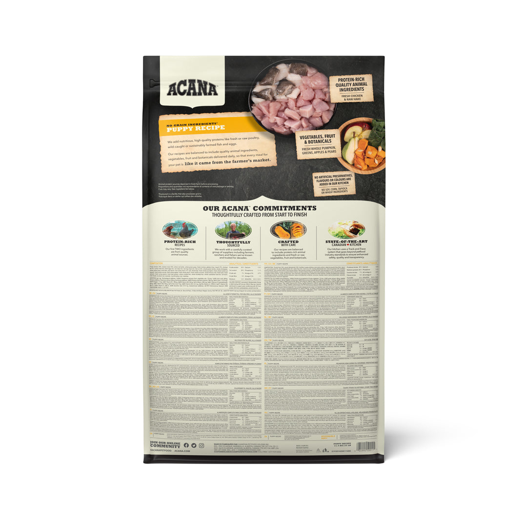 Acana Puppy Recipe dog food bag, back of pack with ingredients and Acana commitments