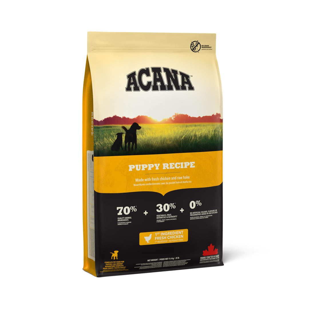 Acana Puppy Recipe dry dog food bag with fresh chicken, current pack design, front