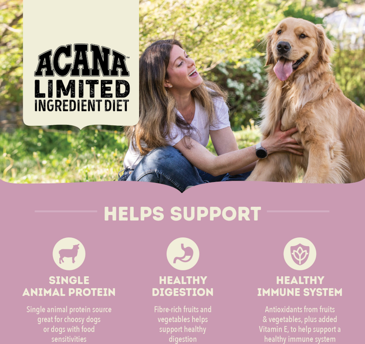 ACANA Limited Ingredient Diet benefits: single animal protein, healthy digestion, healthy immune system