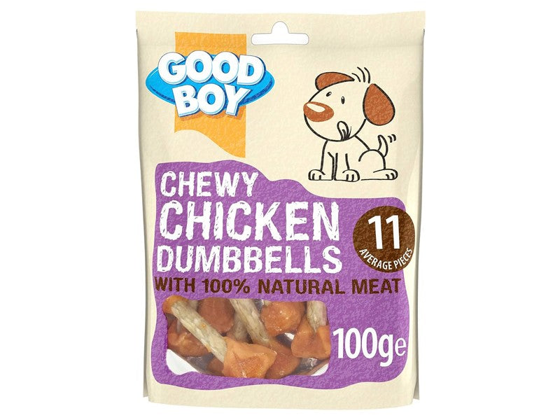 Good Boy Chewy Chicken Dumbbells dog treats 100g pack, front
