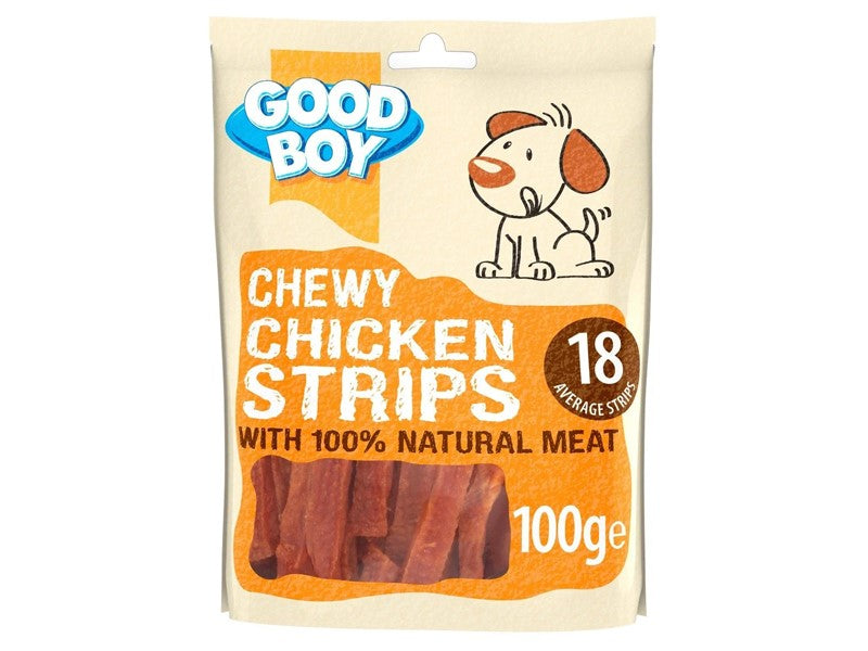 Good Boy Chewy Chicken Strips dog treats 100g pack, front