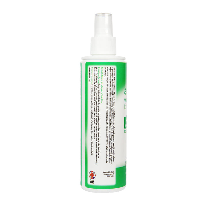 Johnson's Antiseptic Wound Spray for Dogs 200ml bottle, side label with directions