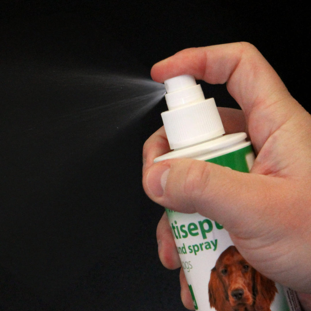 Johnson's Antiseptic Wound Spray for Dogs being sprayed from the pump nozzle