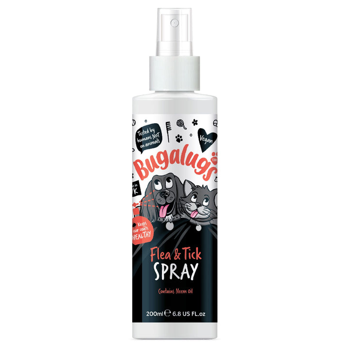 Bugalugs Flea and Tick Spray with Neem Oil for dogs and cats 200ml, front of bottle