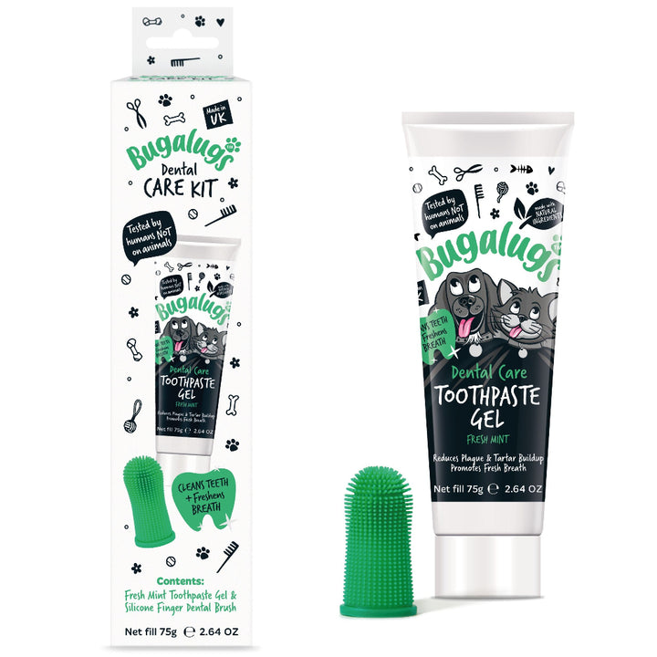 Bugalugs Dental Care Kit box with Fresh Mint Toothpaste Gel 75g and silicone finger brush