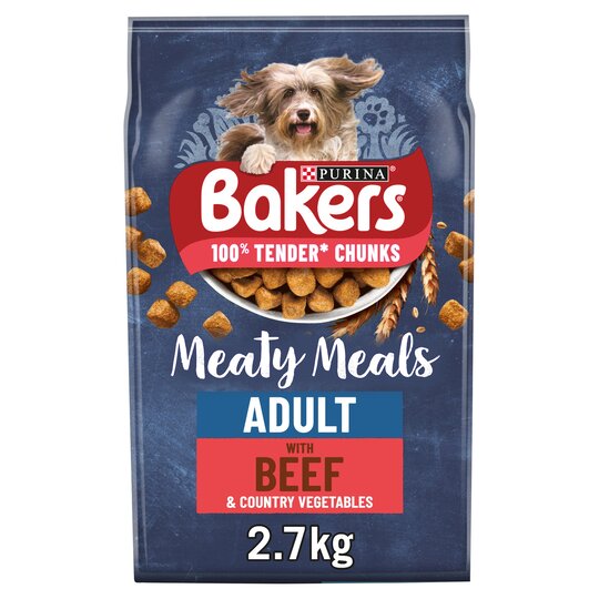 Bakers Meaty Meals Adult with Beef and Country Vegetables 2.7kg dry dog food bag, front of pack