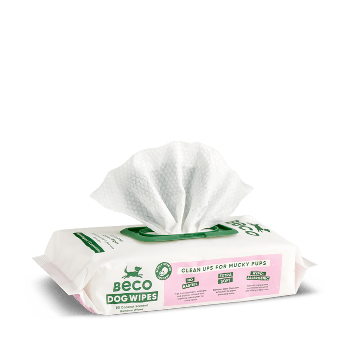 Beco Dog Wipes 80 coconut scented bamboo wipes, current pack design with resealable lid
