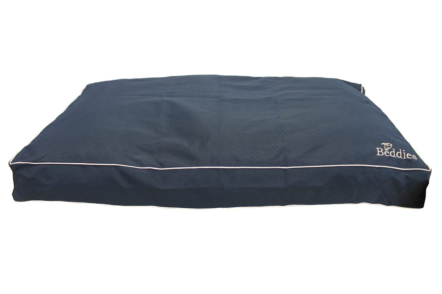 Beddies Waterproof Dog Mattress in navy with light piping and Beddies logo