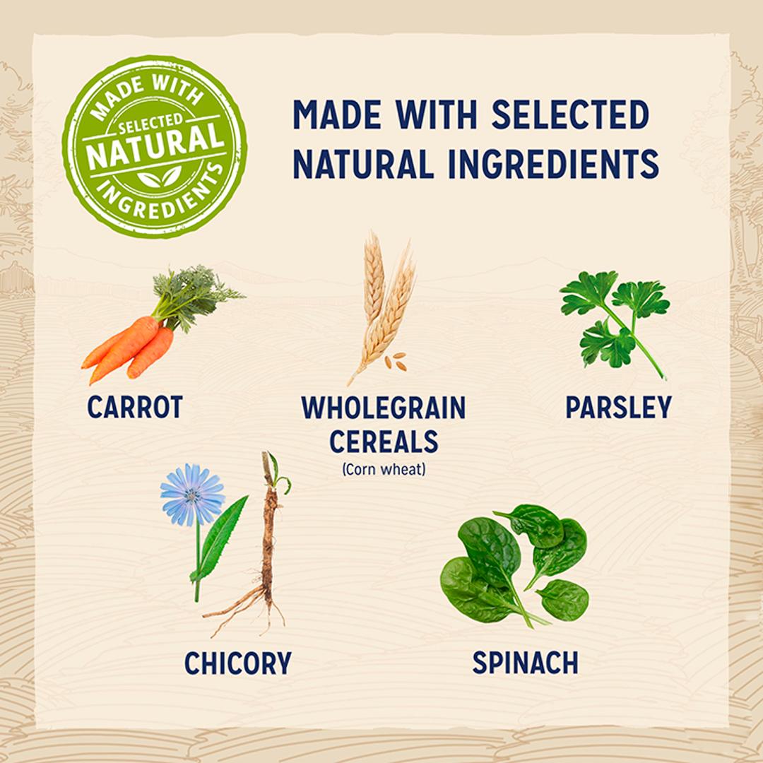 BETA made with selected natural ingredients: carrot, wholegrain cereals, parsley, chicory and spinach