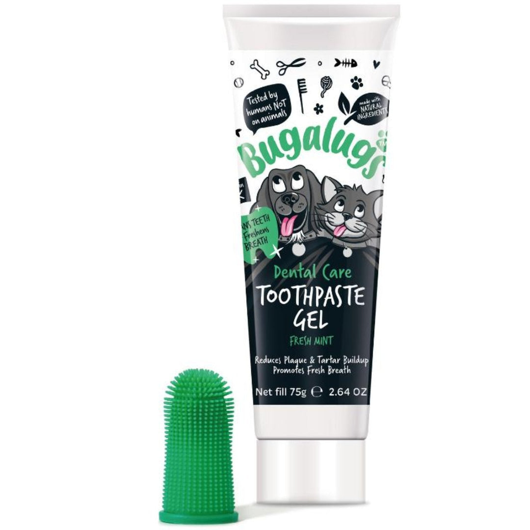 Bugalugs Dental Care Toothpaste Gel Fresh Mint 75g tube with green silicone finger brush