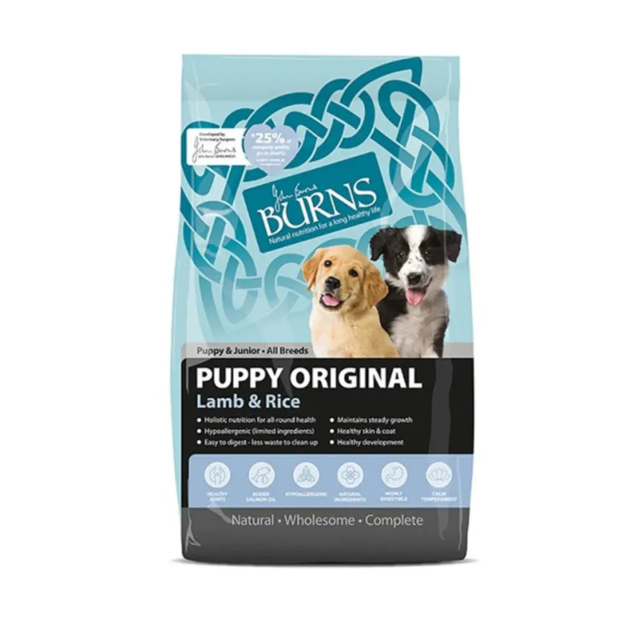 Burns Puppy Original Lamb & Rice dog food bag for puppies, promoting healthy growth and gentle digestion.
