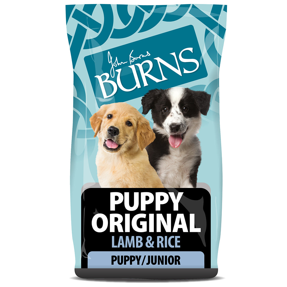 Burns Puppy Original Lamb & Rice dog food bag for puppies and junior dogs, promoting healthy growth and digestion.